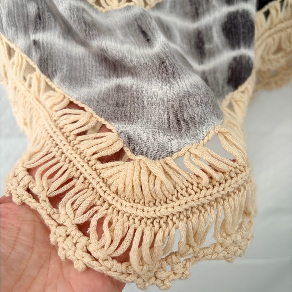Crochet-Trim Tie-Dye V-Neck Blouse - Cream & Gray - Picture 6 of 9